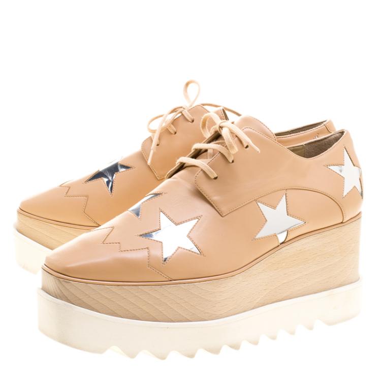 Pre Owned Stella McCartney Beige Faux Leather Elyse Star Platform Lace Up Derby Size 39