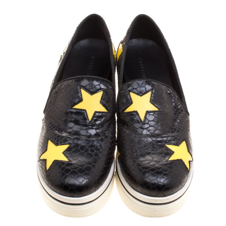 Pre Owned Stella McCartney Black Snake Effect Faux Leather with Yellow Star Appliqué Platform Slip On Sneakers Size 39
