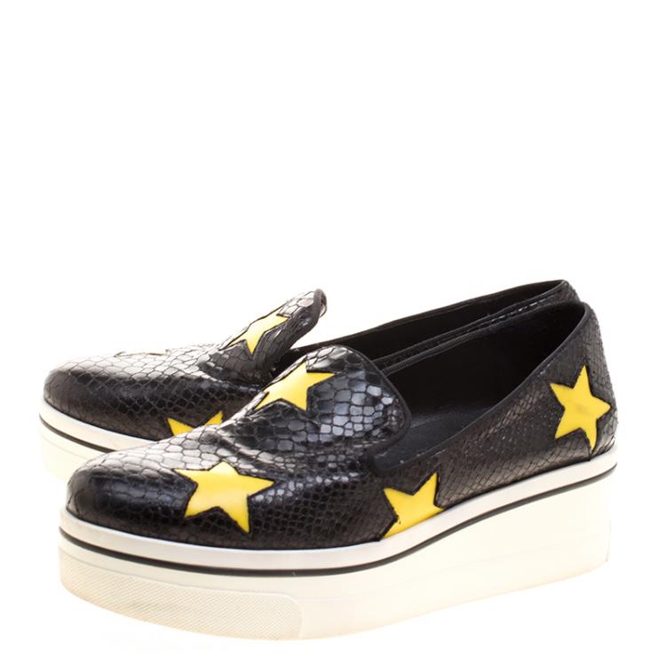Pre Owned Stella McCartney Black Snake Effect Faux Leather with Yellow Star Appliqué Platform Slip On Sneakers Size 39