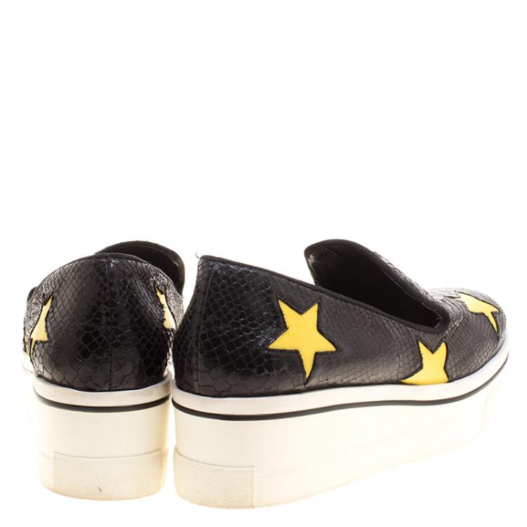 Pre Owned Stella McCartney Black Snake Effect Faux Leather with Yellow Star Appliqué Platform Slip On Sneakers Size 39