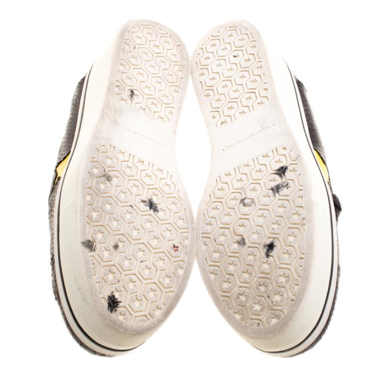 Pre Owned Stella McCartney Black Snake Effect Faux Leather with Yellow Star Appliqué Platform Slip On Sneakers Size 39