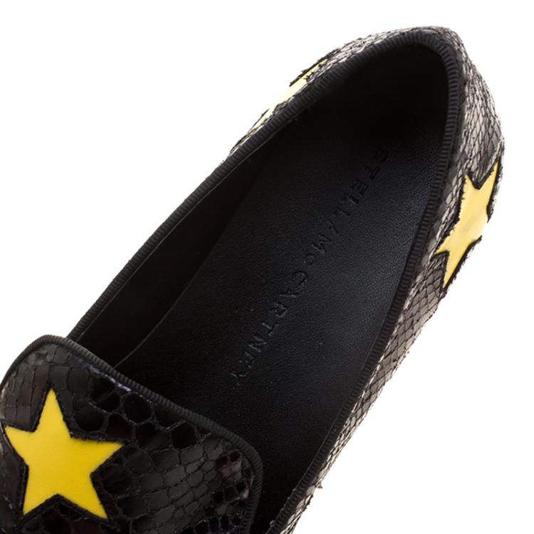 Pre Owned Stella McCartney Black Snake Effect Faux Leather with Yellow Star Appliqué Platform Slip On Sneakers Size 39