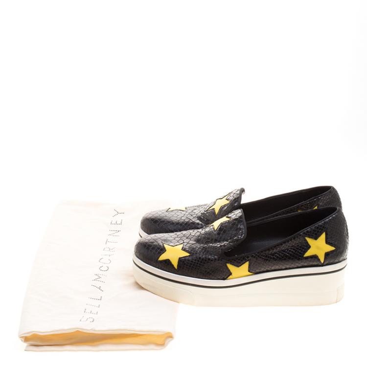 Pre Owned Stella McCartney Black Snake Effect Faux Leather with Yellow Star Appliqué Platform Slip On Sneakers Size 39