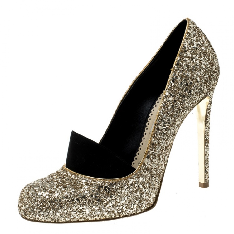 Pre Owned Stella McCartney Metallic Gold Glitter and Faux Suede Trim Bon Bon Pumps Size 39.5
