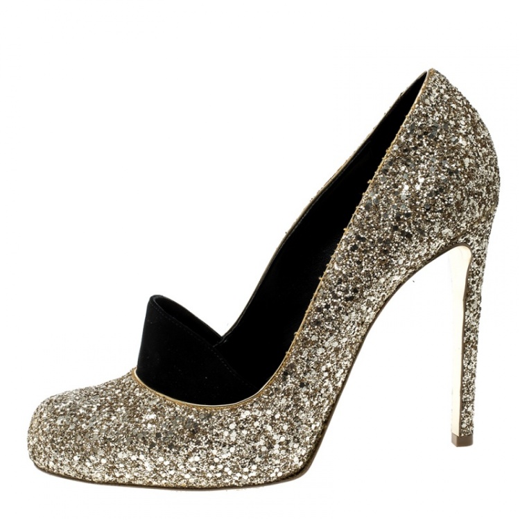 Pre Owned Stella McCartney Metallic Gold Glitter and Faux Suede Trim Bon Bon Pumps Size 39.5