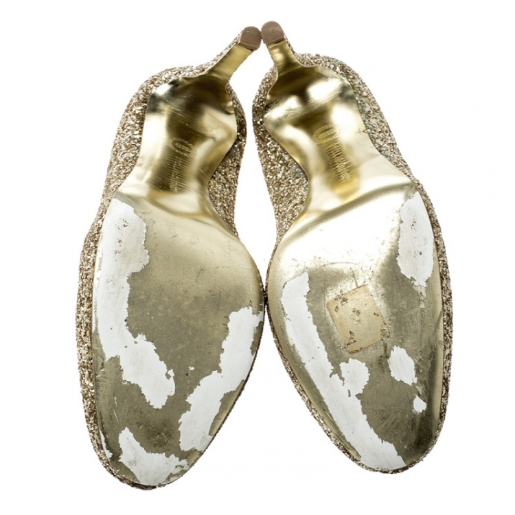 Pre Owned Stella McCartney Metallic Gold Glitter and Faux Suede Trim Bon Bon Pumps Size 39.5