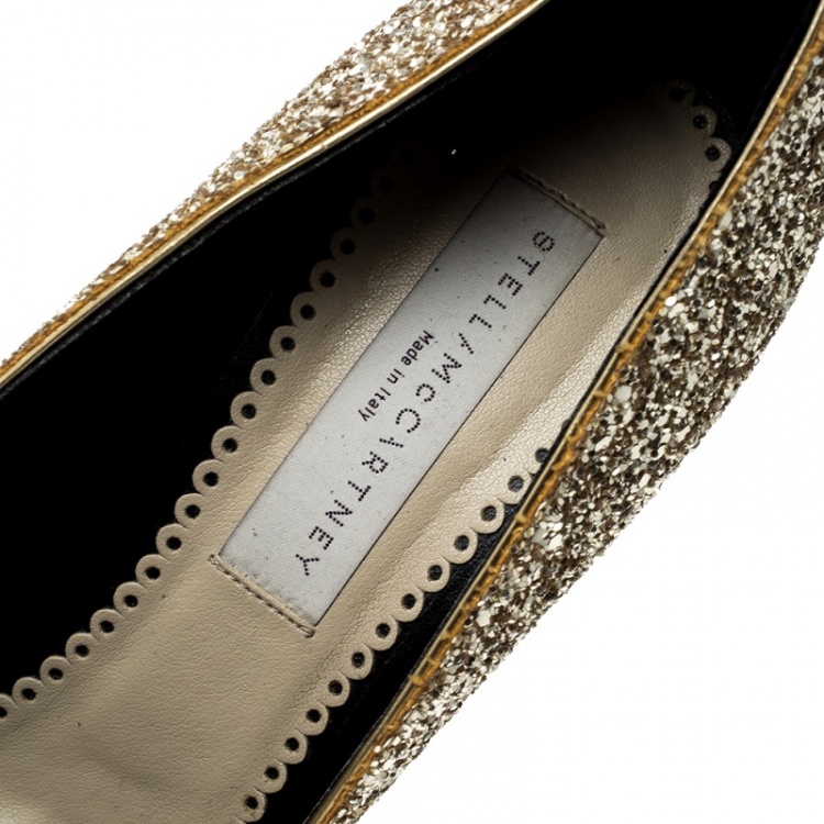 Pre Owned Stella McCartney Metallic Gold Glitter and Faux Suede Trim Bon Bon Pumps Size 39.5