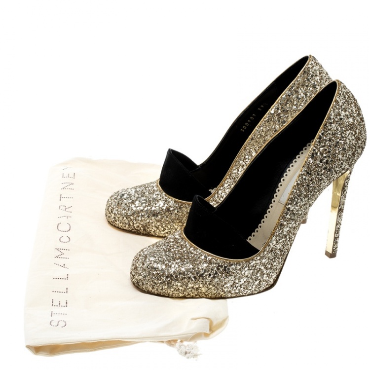 Pre Owned Stella McCartney Metallic Gold Glitter and Faux Suede Trim Bon Bon Pumps Size 39.5