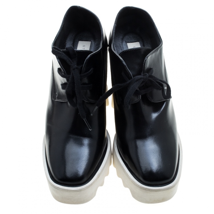 Pre Owned Stella McCartney Black Faux Leather Leana Wooden Wedge Lace Up Derby Size 36