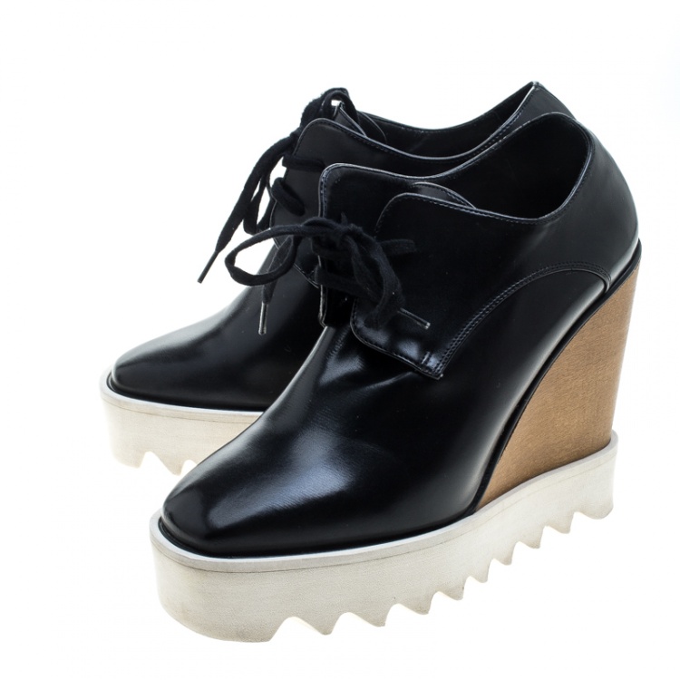 Pre Owned Stella McCartney Black Faux Leather Leana Wooden Wedge Lace Up Derby Size 36