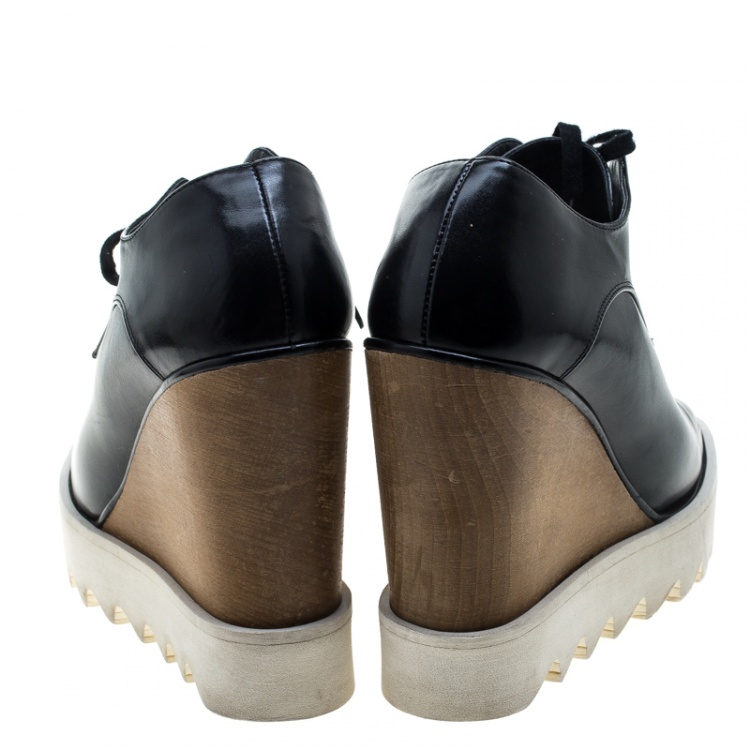 Pre Owned Stella McCartney Black Faux Leather Leana Wooden Wedge Lace Up Derby Size 36