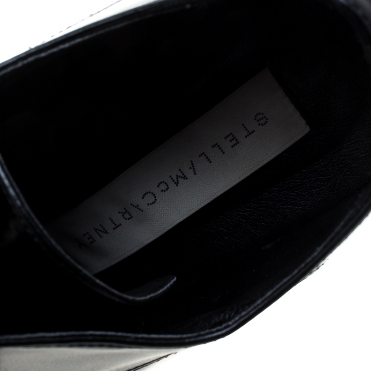 Pre Owned Stella McCartney Black Faux Leather Leana Wooden Wedge Lace Up Derby Size 36