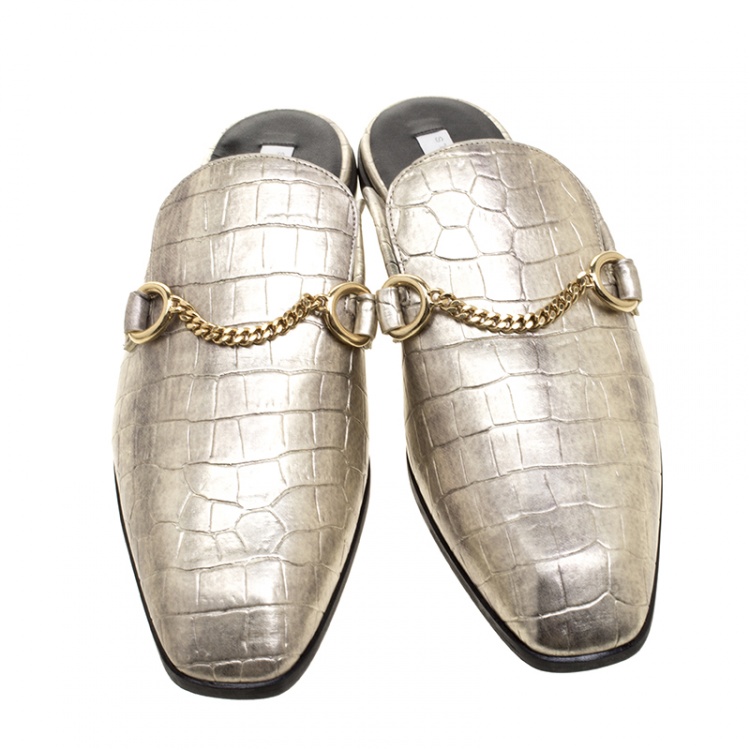Pre Owned Stella McCartney Metallic Faux Croc Effect Leather Slip On Loafers Size 38
