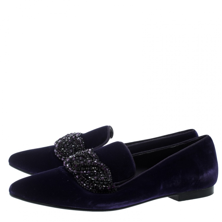 Pre Owned Stella McCartney Purple Velvet Crystal Embellished Smoking Slippers Size 38.5