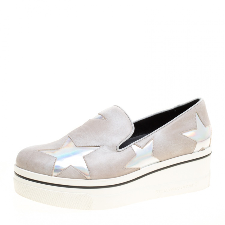 Pre Owned Stella McCartney Beige Faux Leather Binx Star Platform Slip On Sneakers Size 38