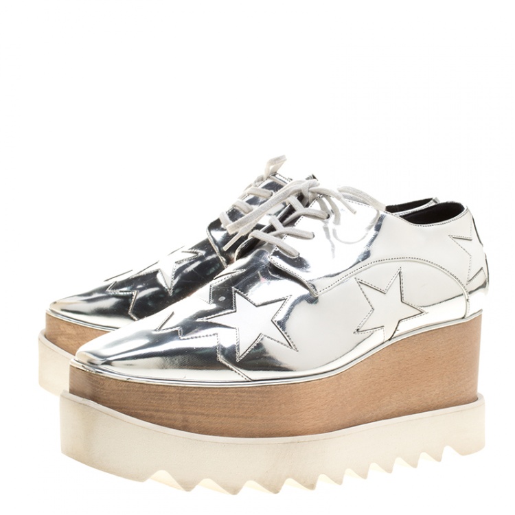 Pre Owned Stella McCartney Metallic Silver Faux Leather Indium Elyse Star Platform Derby Size 38