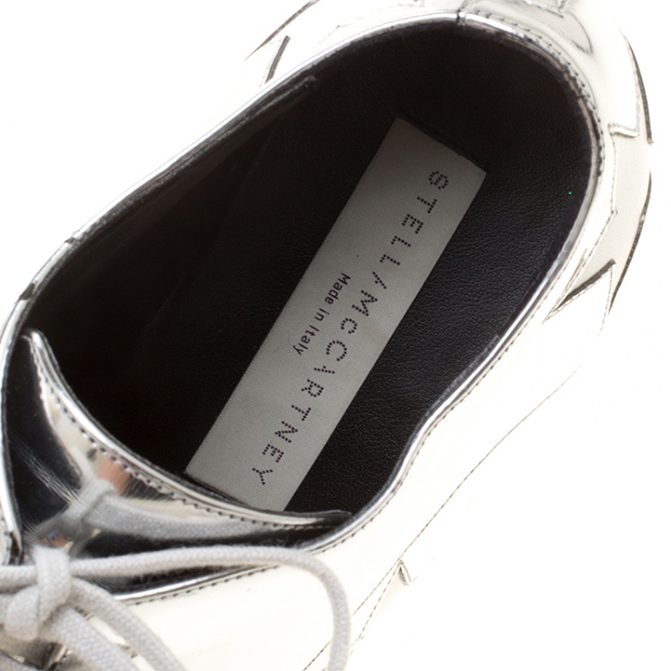 Pre Owned Stella McCartney Metallic Silver Faux Leather Indium Elyse Star Platform Derby Size 38