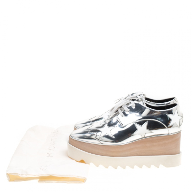 Pre Owned Stella McCartney Metallic Silver Faux Leather Indium Elyse Star Platform Derby Size 38