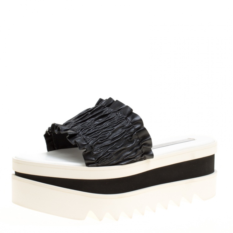 Pre Owned Stella McCartney Black Ruffle Faux Leather Platform Slide Sandals Size 38