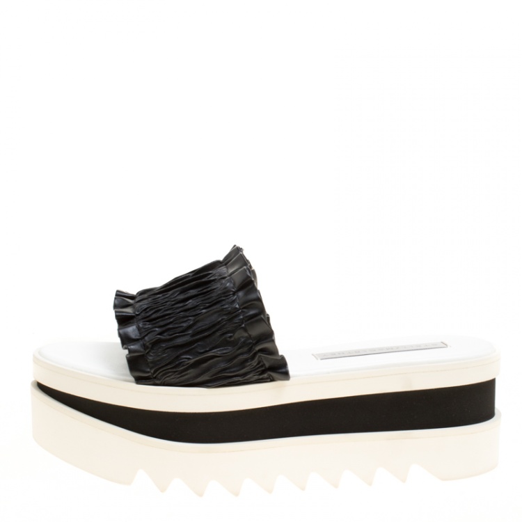 Pre Owned Stella McCartney Black Ruffle Faux Leather Platform Slide Sandals Size 38