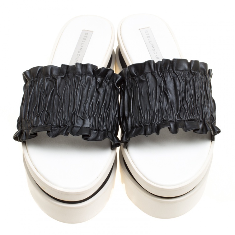 Pre Owned Stella McCartney Black Ruffle Faux Leather Platform Slide Sandals Size 38