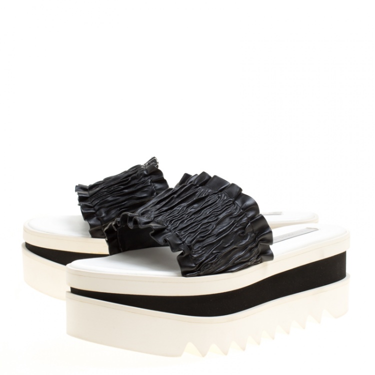 Pre Owned Stella McCartney Black Ruffle Faux Leather Platform Slide Sandals Size 38