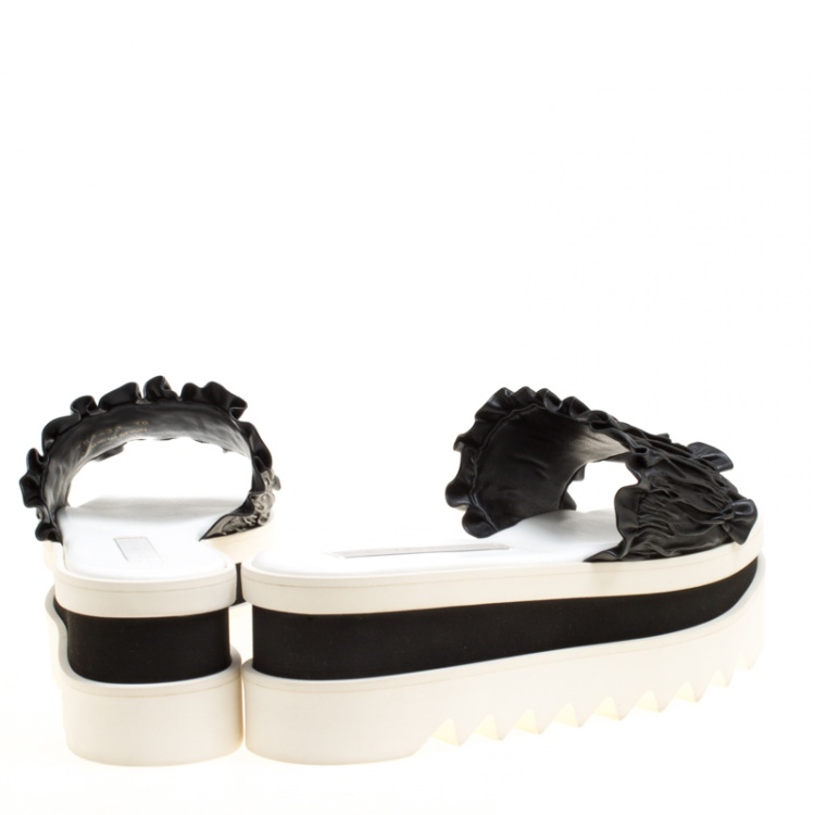 Pre Owned Stella McCartney Black Ruffle Faux Leather Platform Slide Sandals Size 38