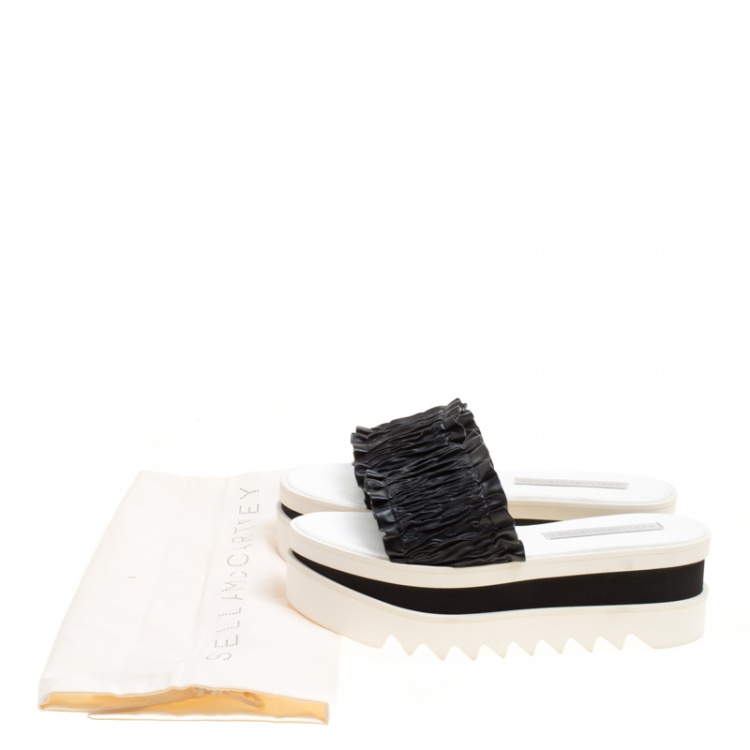 Pre Owned Stella McCartney Black Ruffle Faux Leather Platform Slide Sandals Size 38