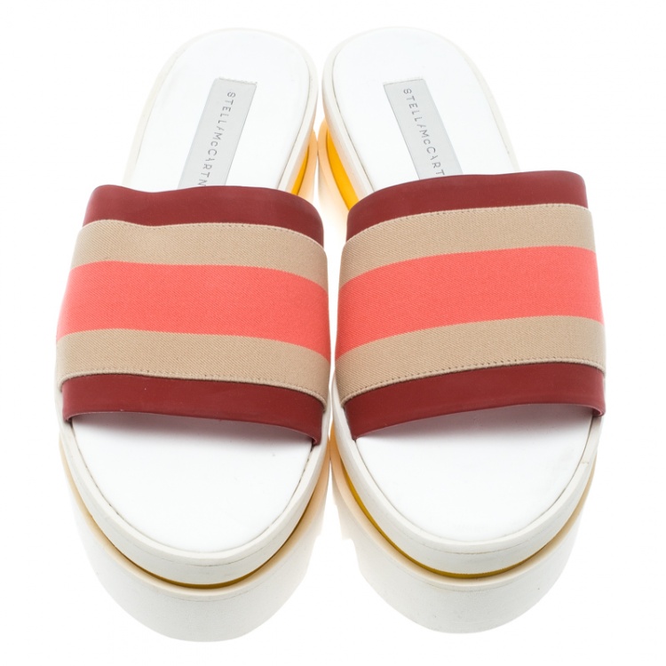 Pre Owned Stella McCartney Red Color Block Canvas Platform Slides Size 38