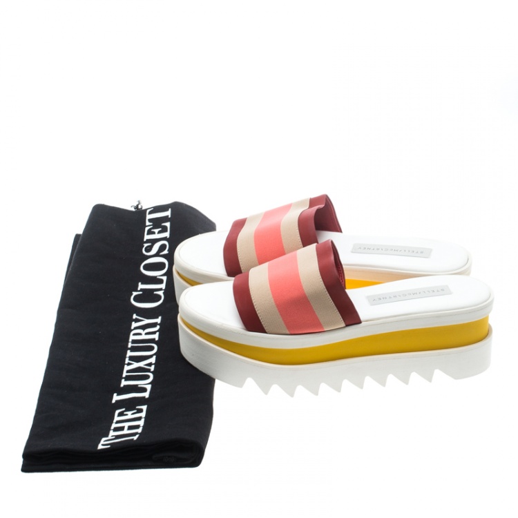 Pre Owned Stella McCartney Red Color Block Canvas Platform Slides Size 38