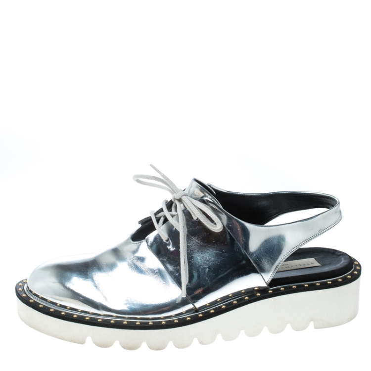 Pre Owned Stella McCartney Metallic Silver Faux Leather Odette Slingback Derby Size 41