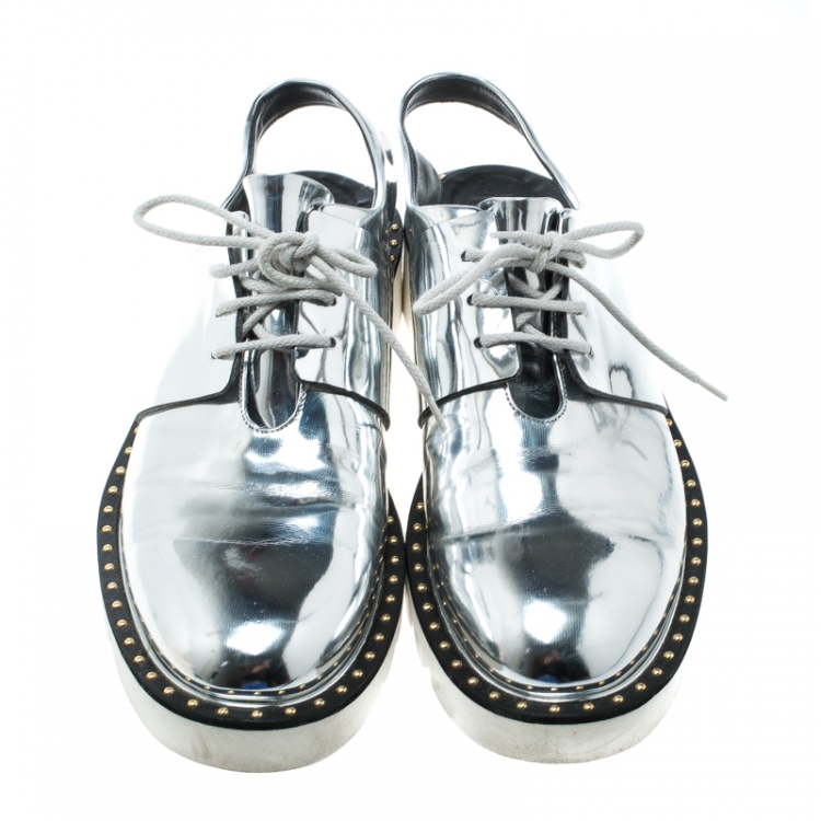 Pre Owned Stella McCartney Metallic Silver Faux Leather Odette Slingback Derby Size 41