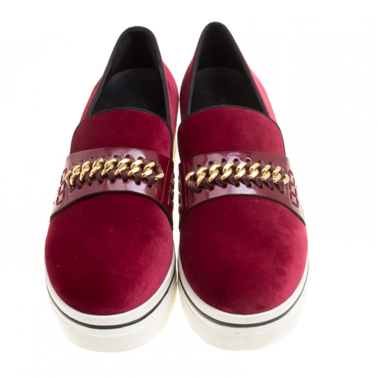 Pre Owned Stella McCartney Maroon Velvet Binx Chain Platform Loafers Size 39