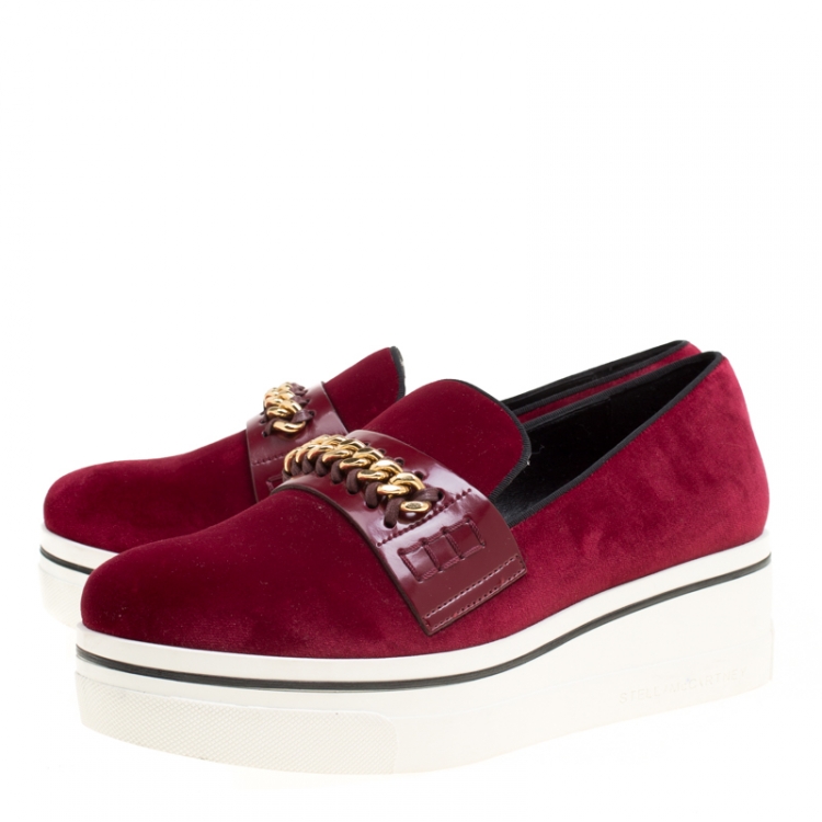 Pre Owned Stella McCartney Maroon Velvet Binx Chain Platform Loafers Size 39