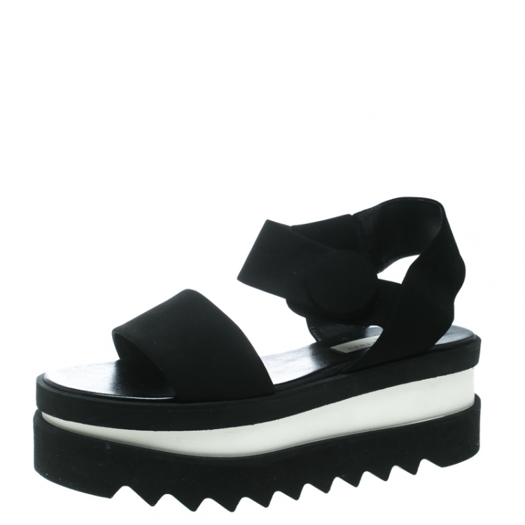 Pre Owned Stella McCartney Black Faux Nubuck Triple Platform Velcro Sandals Size 39