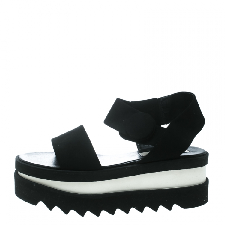 Pre Owned Stella McCartney Black Faux Nubuck Triple Platform Velcro Sandals Size 39