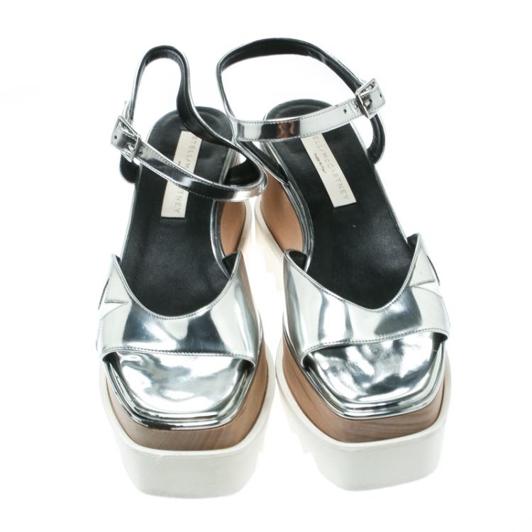 Pre Owned Stella McCartney Silver Faux Leather Indium Elyse Star Wedge Sandals Size 38