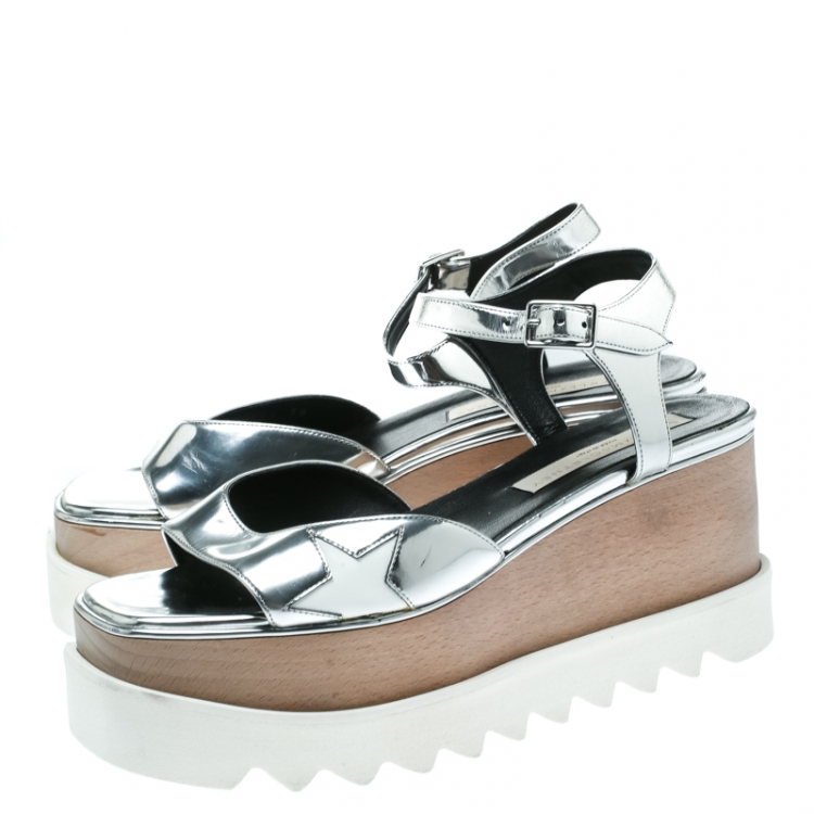 Pre Owned Stella McCartney Silver Faux Leather Indium Elyse Star Wedge Sandals Size 38