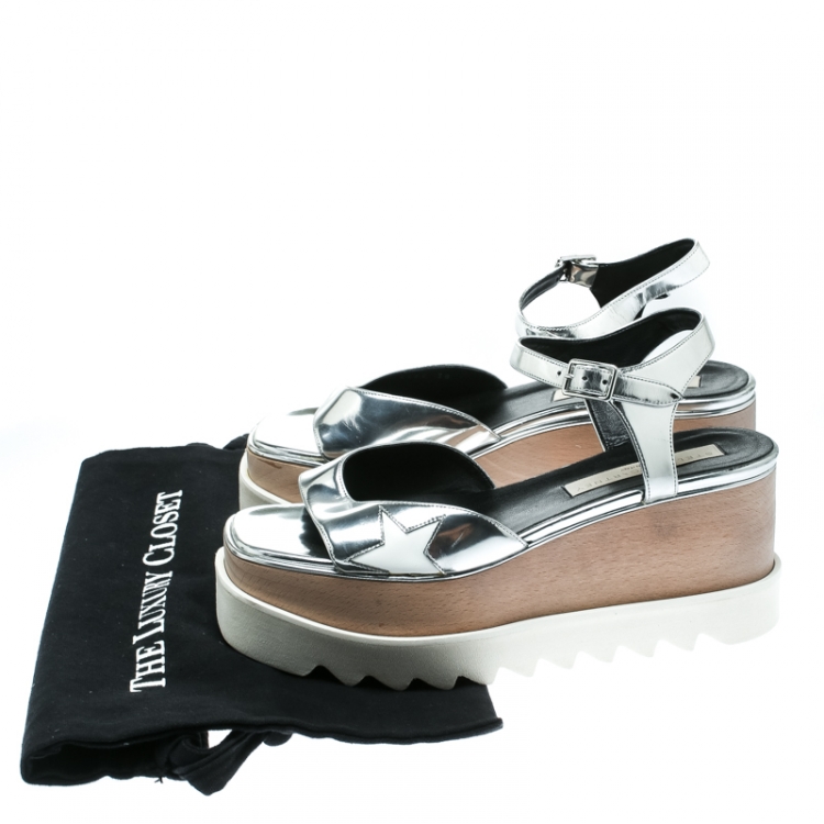 Pre Owned Stella McCartney Silver Faux Leather Indium Elyse Star Wedge Sandals Size 38