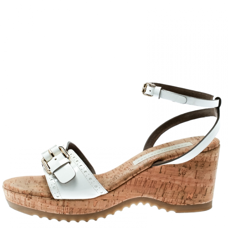 Pre Owned Stella McCartney White Faux Patent Leather Linda Cork Wedge Sandals Size 40