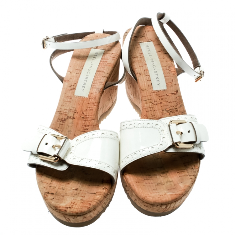 Pre Owned Stella McCartney White Faux Patent Leather Linda Cork Wedge Sandals Size 40