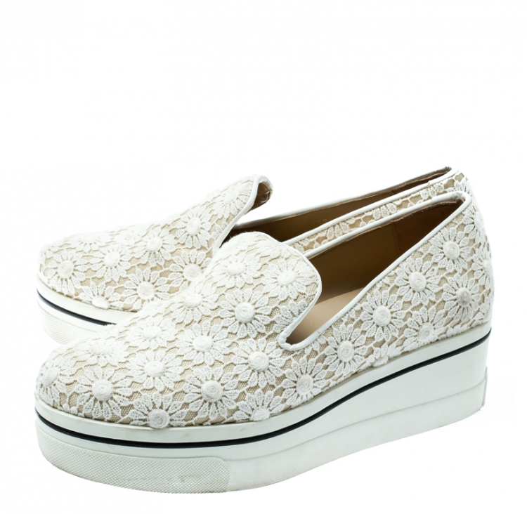 Pre Owned Stella McCartney White Lace/Canvas Slip On Sneakers Size 38