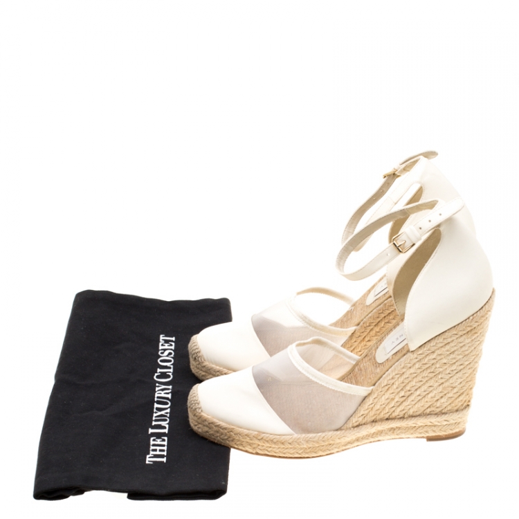 Pre Owned Stella McCartney White Mesh And Faux Leather Espadrille Ankle Strap Wedge Sandals Size 40