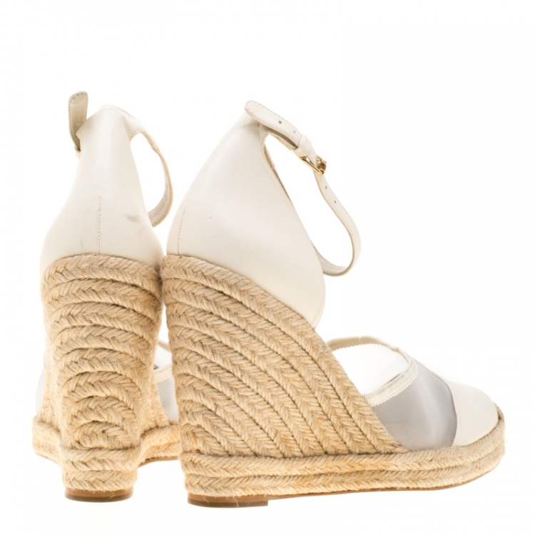 Pre Owned Stella McCartney White Mesh And Faux Leather Espadrille Ankle Strap Wedge Sandals Size 40