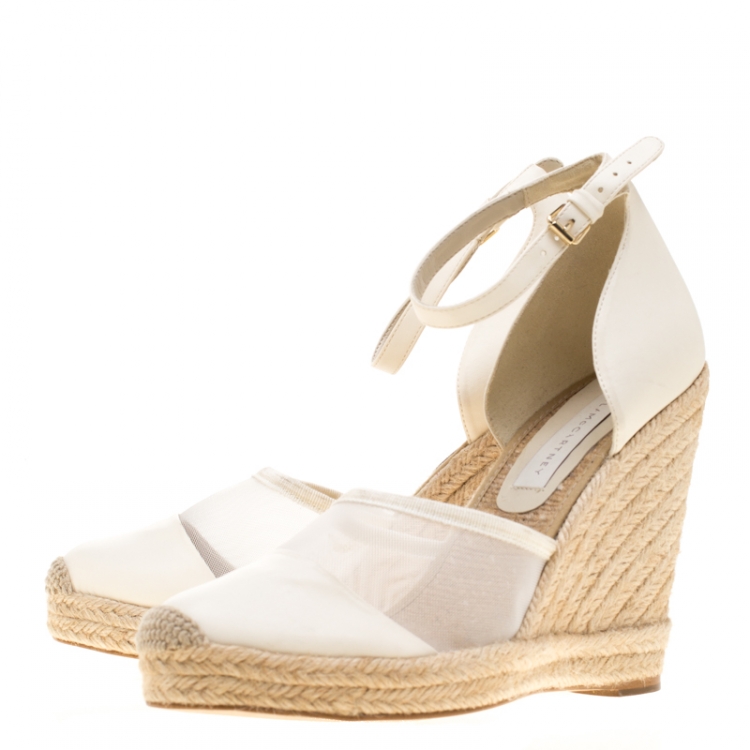 Pre Owned Stella McCartney White Mesh And Faux Leather Espadrille Ankle Strap Wedge Sandals Size 40