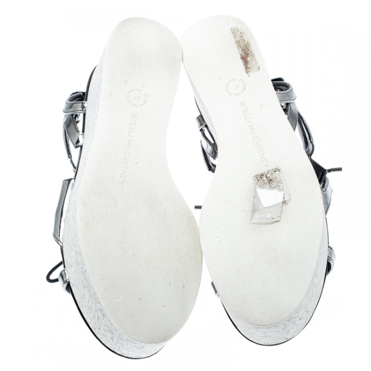 Pre Owned Stella McCartney Metallic Dull Silver Cut Out Faux Leather Hackney Printed Wedge Platform Sandals Size 37