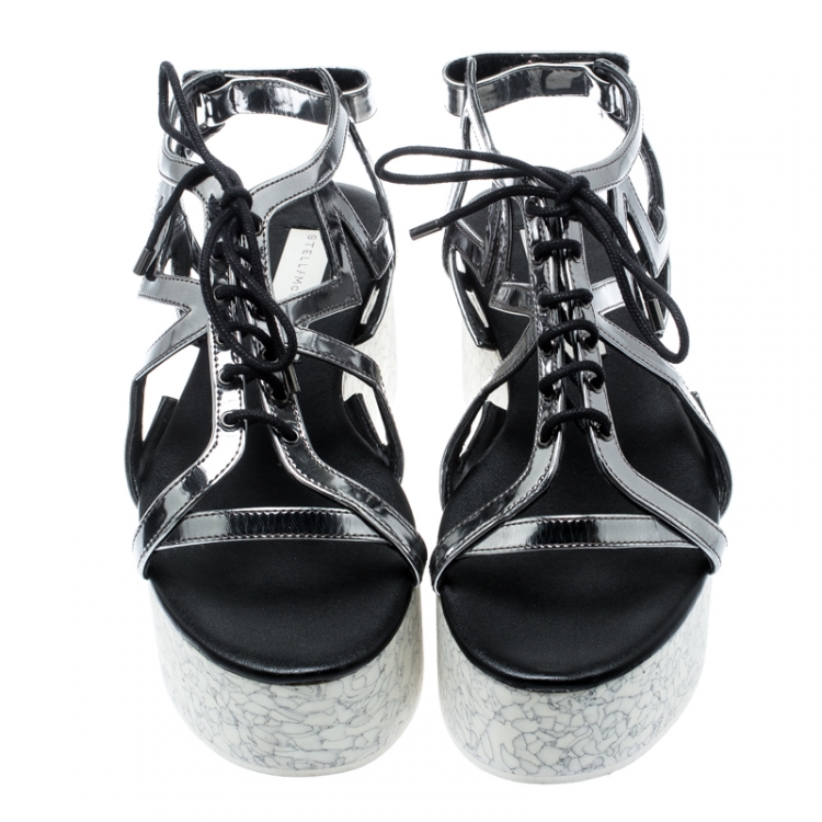 Pre Owned Stella McCartney Metallic Dull Silver Cut Out Faux Leather Hackney Printed Wedge Platform Sandals Size 37