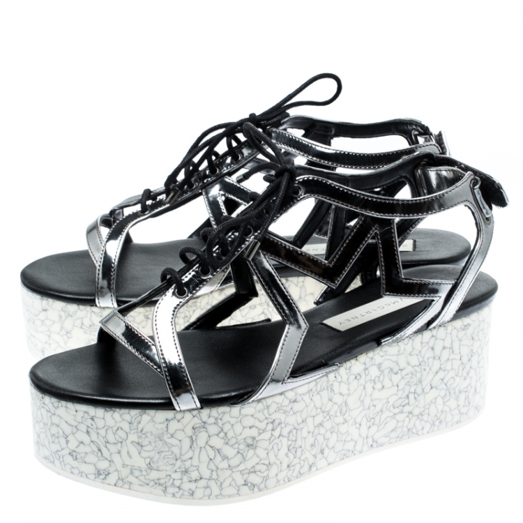 Pre Owned Stella McCartney Metallic Dull Silver Cut Out Faux Leather Hackney Printed Wedge Platform Sandals Size 37