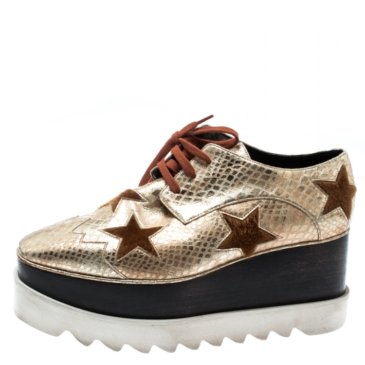 Pre Owned Stella McCartney Metallic Gold Python Effect Faux Leather And Faux Fur Elyse Star Platform Derby Size 38
