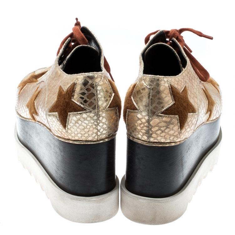 Pre Owned Stella McCartney Metallic Gold Python Effect Faux Leather And Faux Fur Elyse Star Platform Derby Size 38